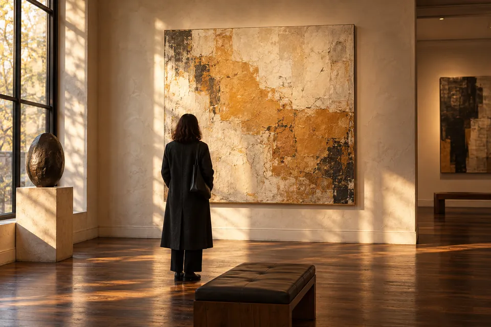 Editorial illustration: a visitor looking at a painting in a gallery