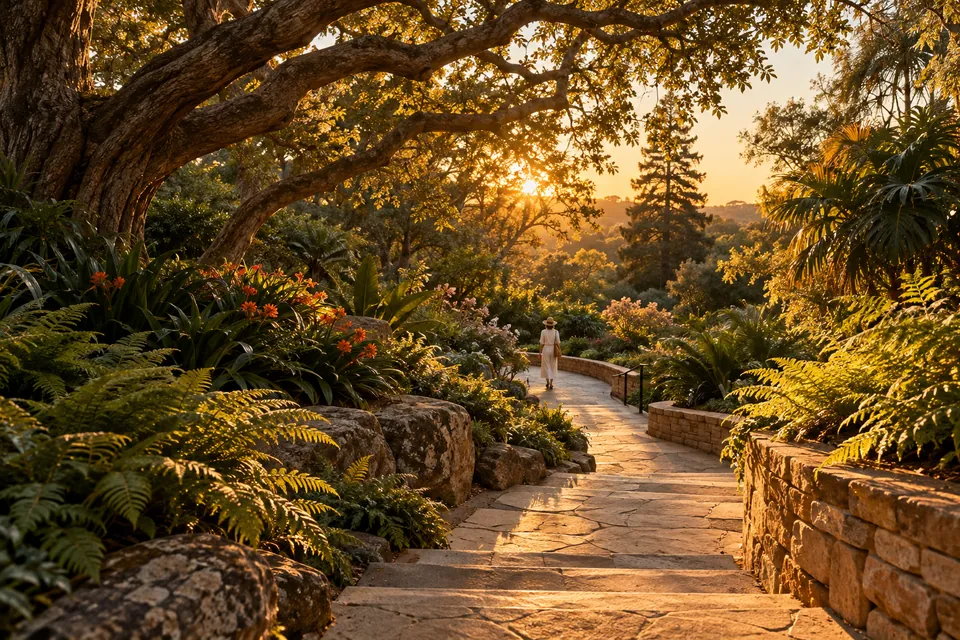 Editorial illustration: a leafy garden path in warm afternoon light