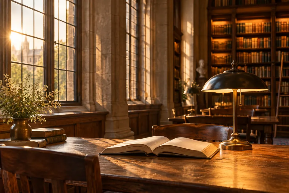 Editorial illustration: books and a reading lamp beside a library window