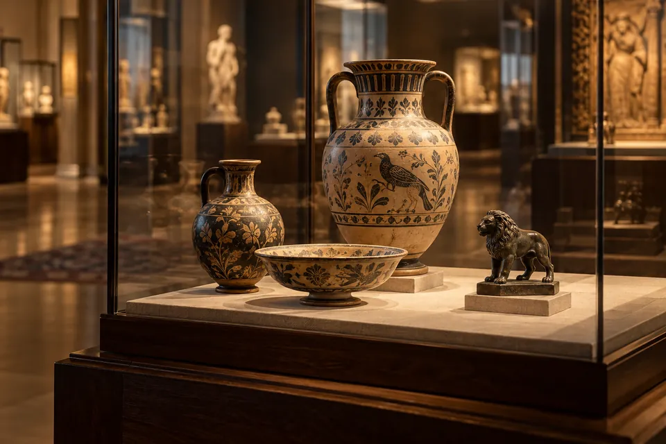 Editorial illustration: ceramic and bronze objects in a museum display