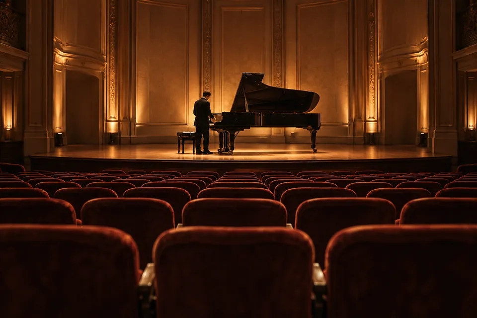 Editorial illustration: a piano on the stage of an intimate concert hall