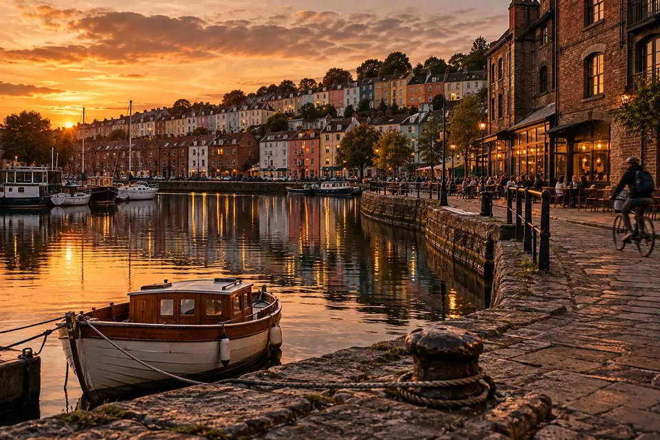 Editorial illustration: a quiet harbourside inspired by Bristol