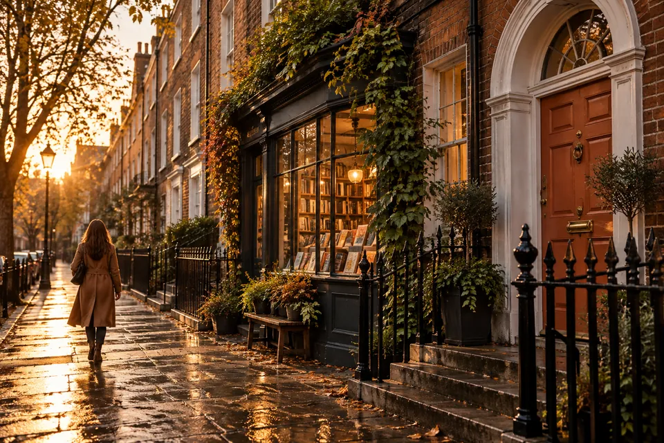 Editorial illustration: a Georgian street and bookshop inspired by Dublin