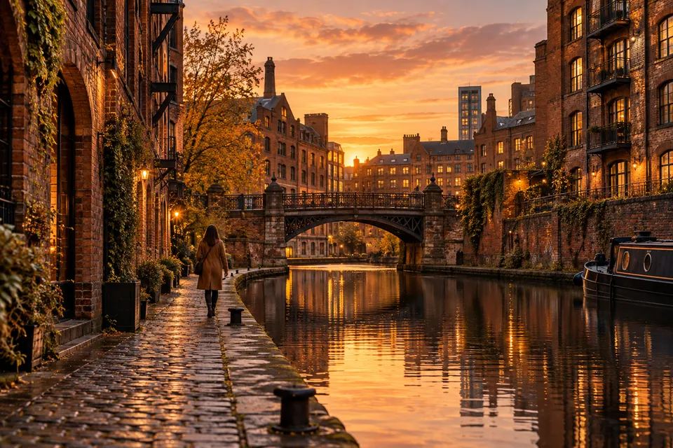 Editorial illustration: a red-brick canal quarter inspired by Manchester