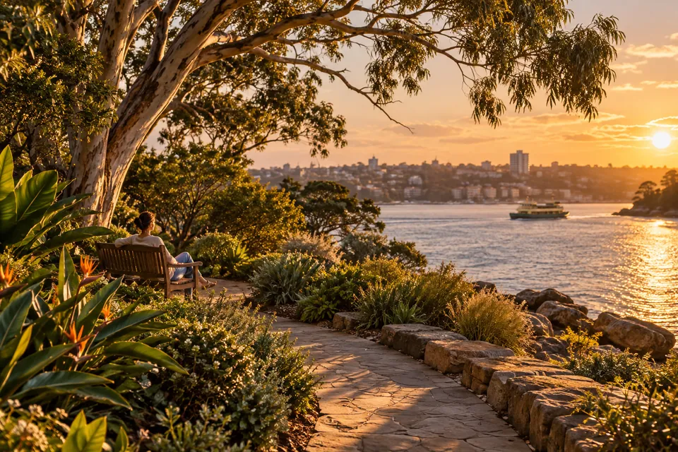 Editorial illustration: a harbour-side garden walk inspired by Sydney