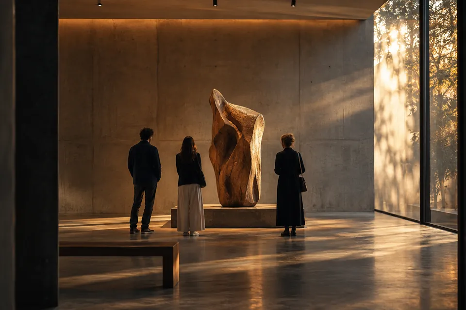 Editorial illustration: visitors exploring a contemporary sculpture gallery