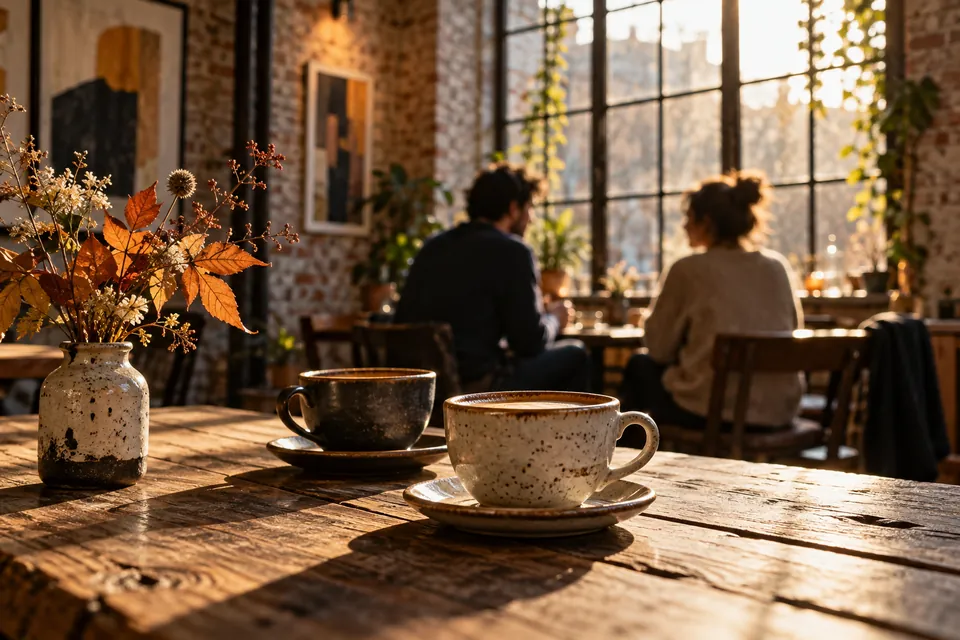 Editorial illustration: coffee and conversation in an art-space cafe