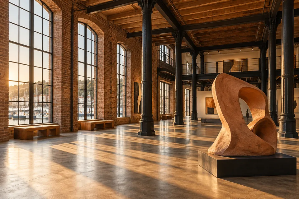Editorial illustration: an art gallery inside a converted warehouse