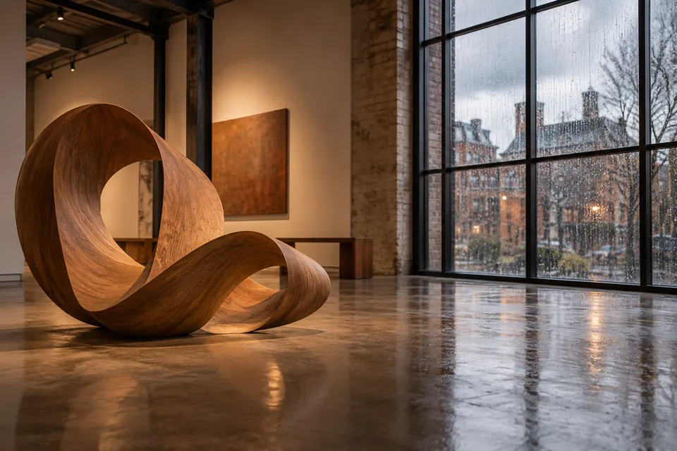 Editorial illustration: a quiet contemporary sculpture gallery
