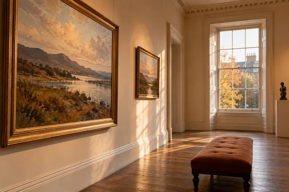 Editorial illustration: a quiet painting gallery with Georgian proportions