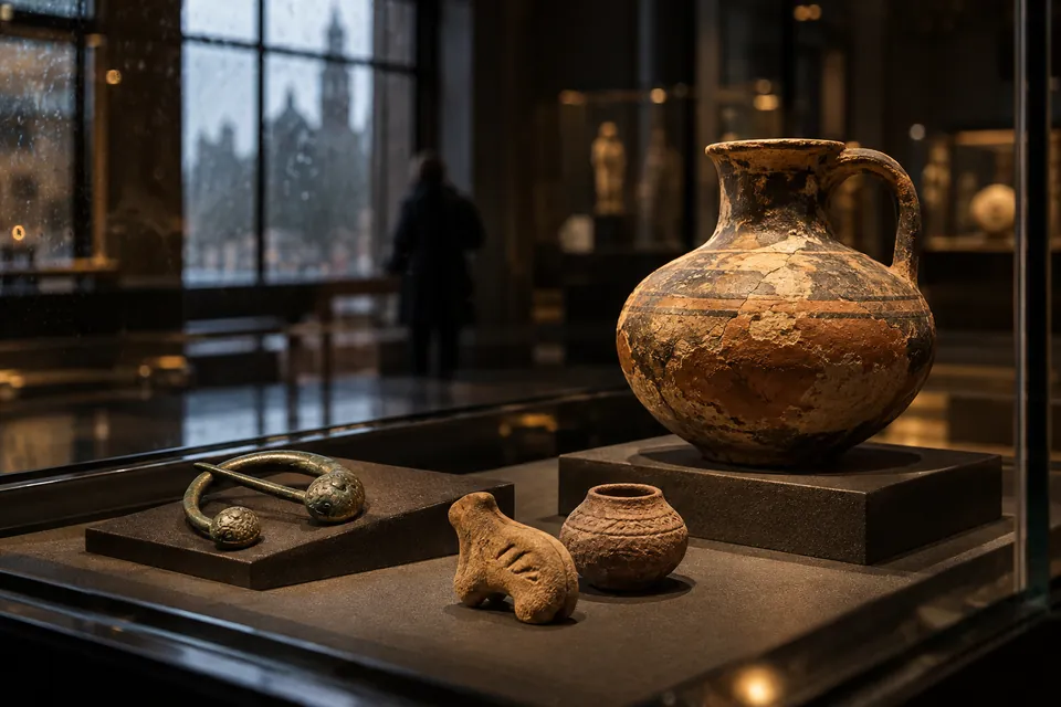 Editorial illustration: archaeological objects inside a warmly lit vitrine