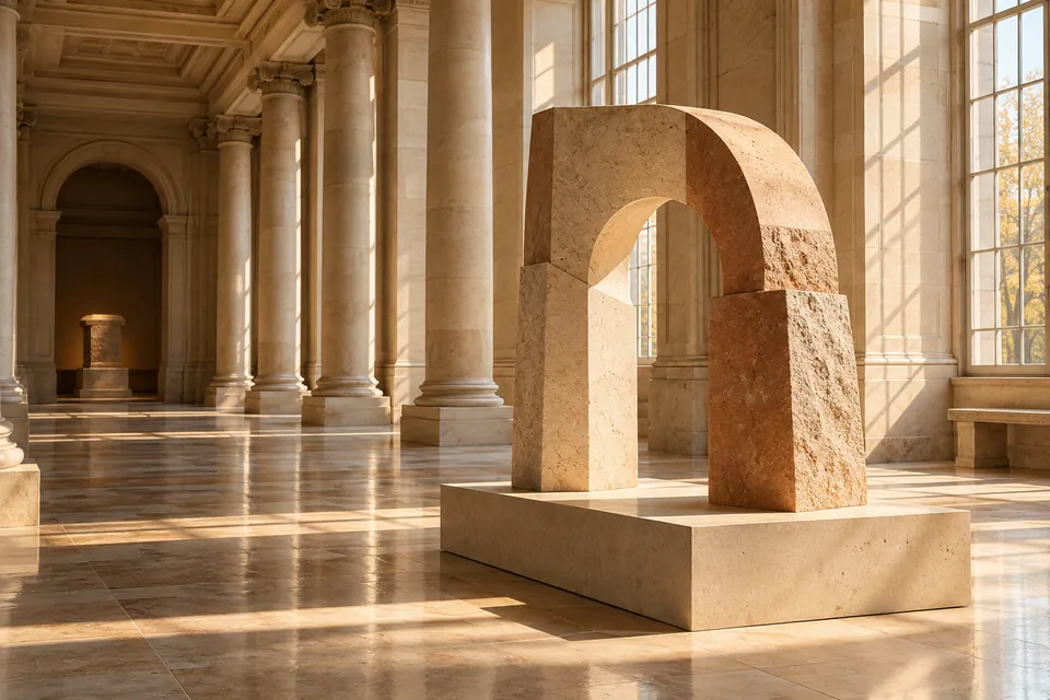 Editorial illustration: a warmly lit museum sculpture gallery