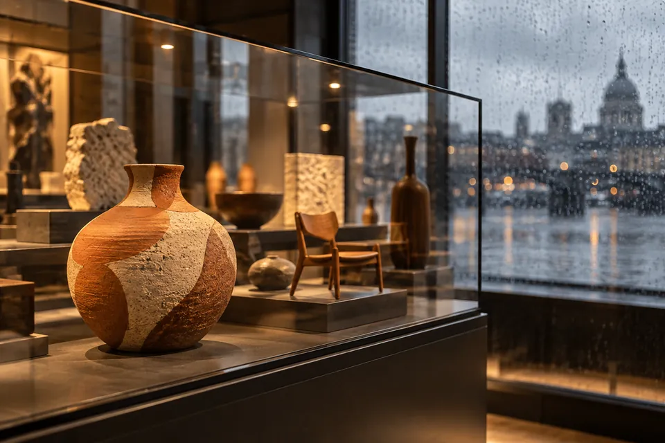 Editorial illustration: design objects in softly lit display cases