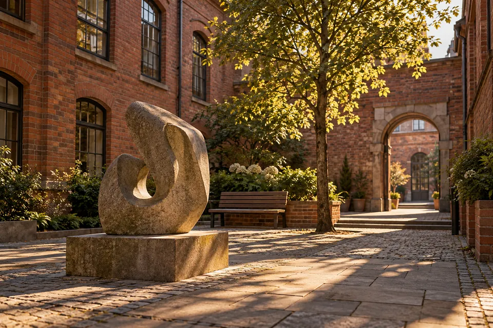 Editorial illustration: a red-brick courtyard with a stone sculpture