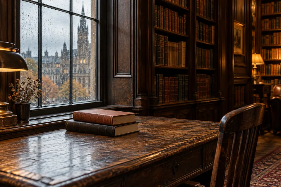 Editorial illustration: a reading table beside a rain-streaked library window