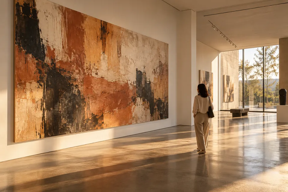 Editorial illustration: a modern painting gallery in afternoon light