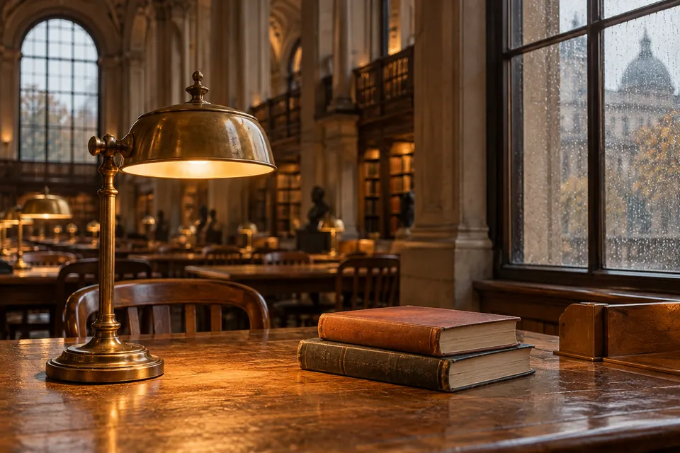 Editorial illustration: books and a desk in a grand reading room