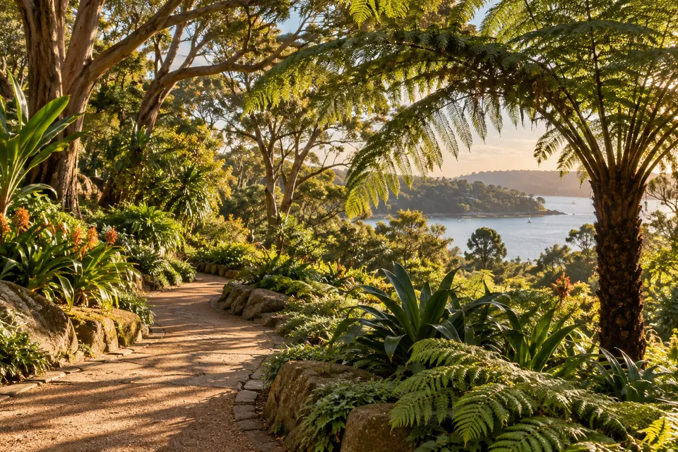 Editorial illustration: a garden path among subtropical plants