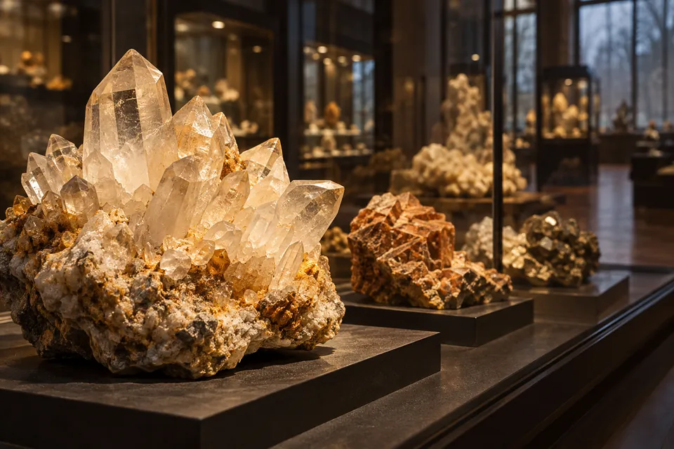 Editorial illustration: minerals displayed in a natural history gallery